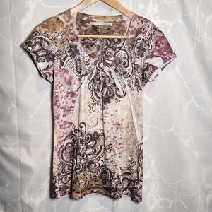 Maurices Short Sleeve Top Womens M Cream And Brown Scoop Neck Paisley Floral Y2K